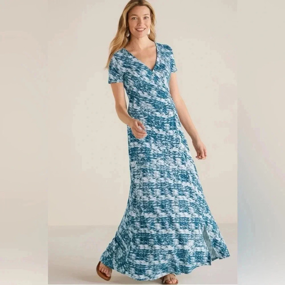 New Soft Surroundings Joanna Faux Wrap Jersey Maxi Dress Teal Cream Abstract - Picture 2 of 15